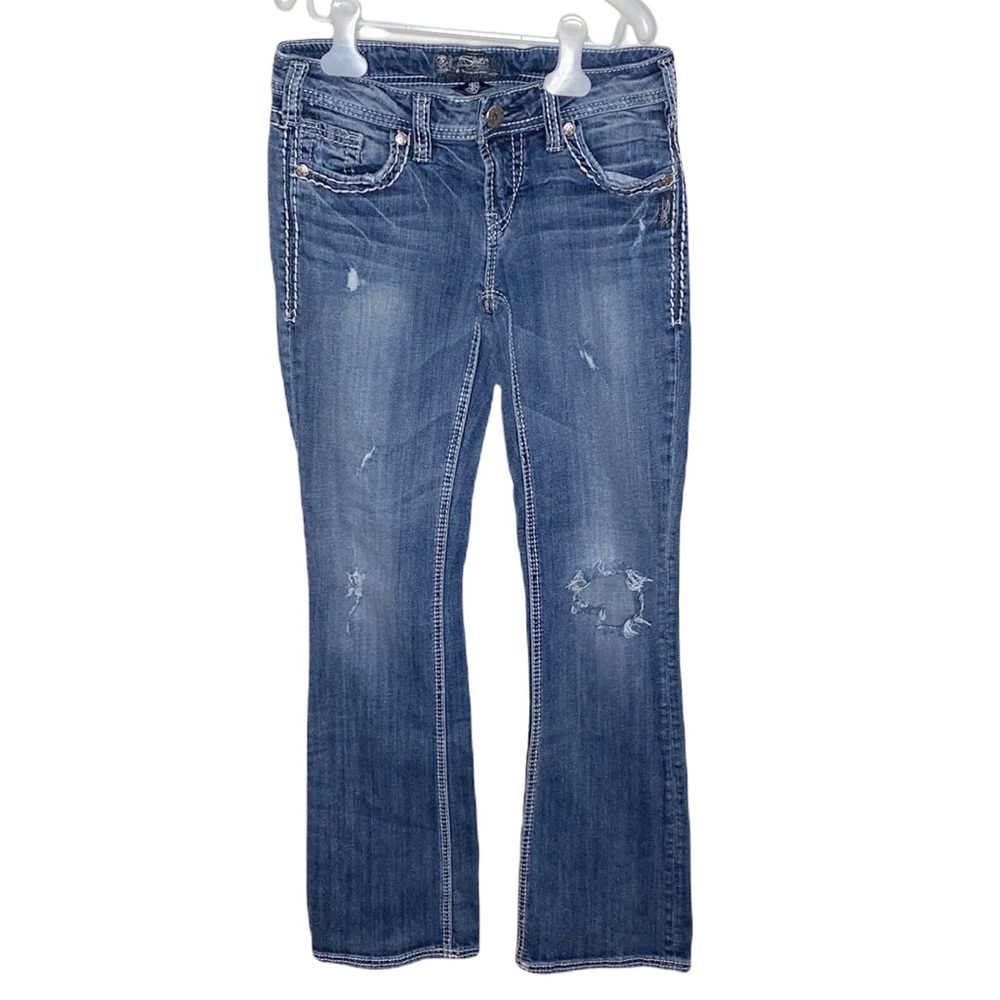 Silver Jeans Aiko Bootcut low rise jeans with shiny lace embroidered pocket 27